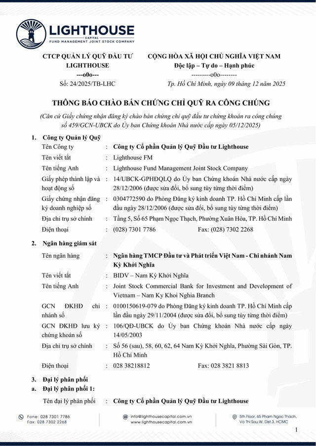 Lighthouse Capital thông báo chào bán chứng chỉ Quỹ LHFCF ra công chúng - Ảnh 1