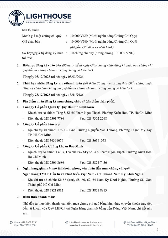 Lighthouse Capital thông báo chào bán chứng chỉ Quỹ LHFCF ra công chúng - Ảnh 3
