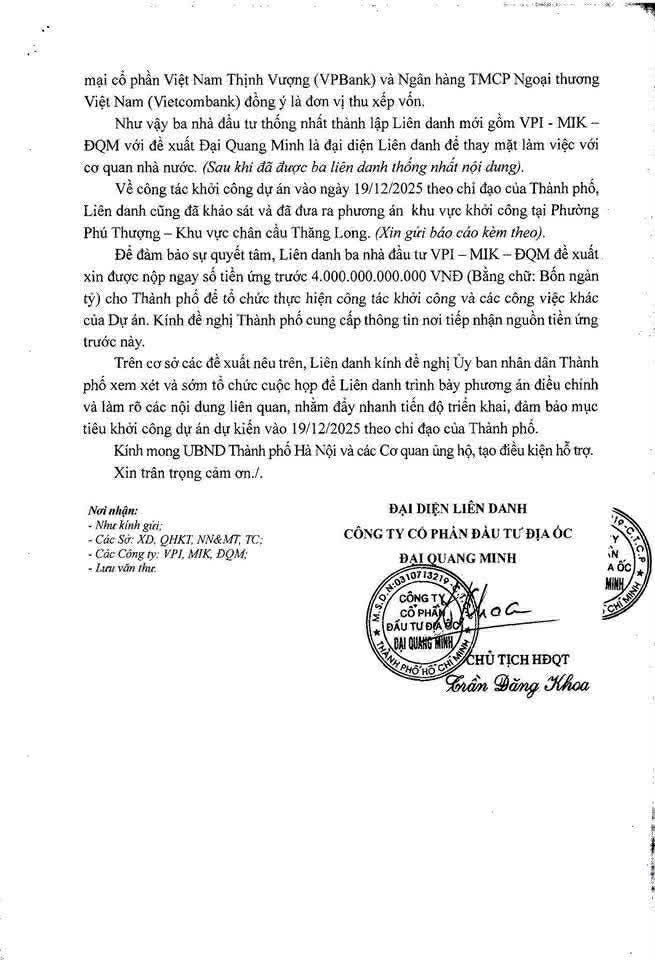 Đại gia “Khoa khàn” bất ngờ tái xuất tại Đại Quang Minh, Liên danh sẵn sàng nộp ngay 4.000 tỷ đồng để khởi công Trục đại lộ cảnh quan sông Hồng ngày 19/12 - Ảnh 1