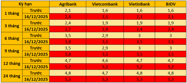 Ngày 16/12: Agribank, Vietcombank, VietinBank và BIDV đồng loạt tăng mạnh lãi suất tiết kiệm ở tất cả kỳ hạn - Ảnh 1
