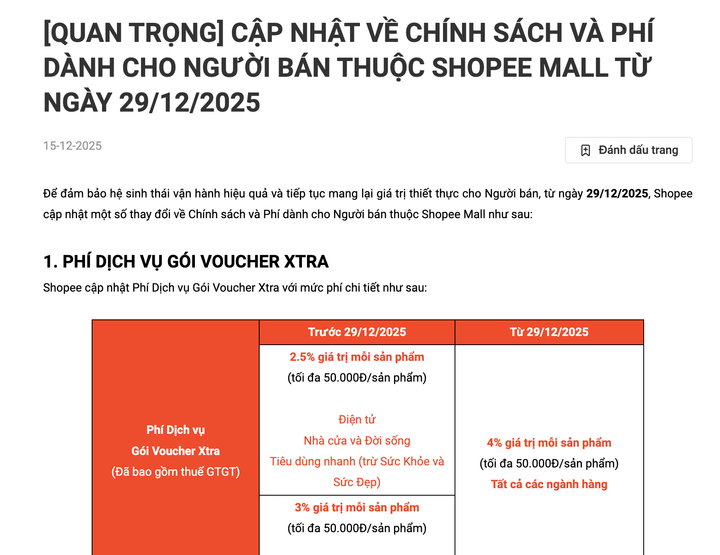 Shopee Mall tăng loạt phí từ 29/12, người bán hàng 'méo mặt' - Ảnh 1