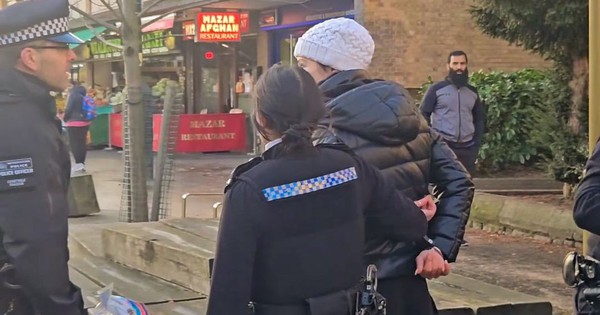 Người phụ nữ bị cảnh sát lục soát người, bắt giữ vì cho chim bồ câu trên phố ăn