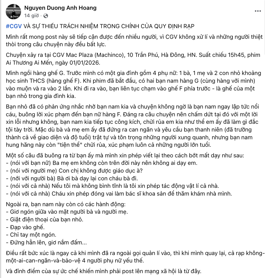 CGV Việt Nam nói gì sau khi bị tố thiếu trách nhiệm vụ đe doạ đánh người trong rạp Hà Nội? - Ảnh 1