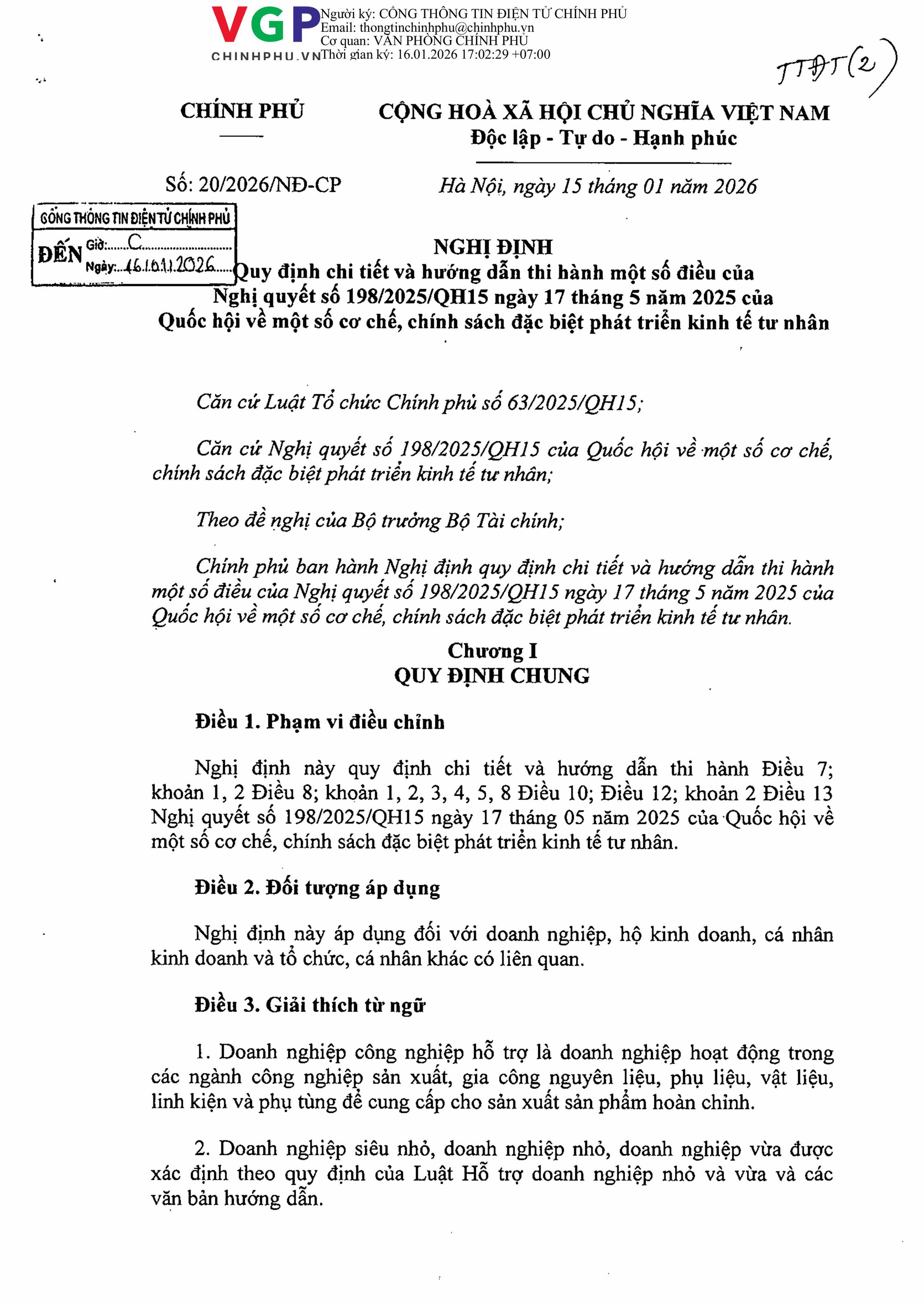 Nghị định số 20/2026/NĐ-CP về cơ chế, chính sách đặc biệt phát triển kinh tế tư nhân - Ảnh 1
