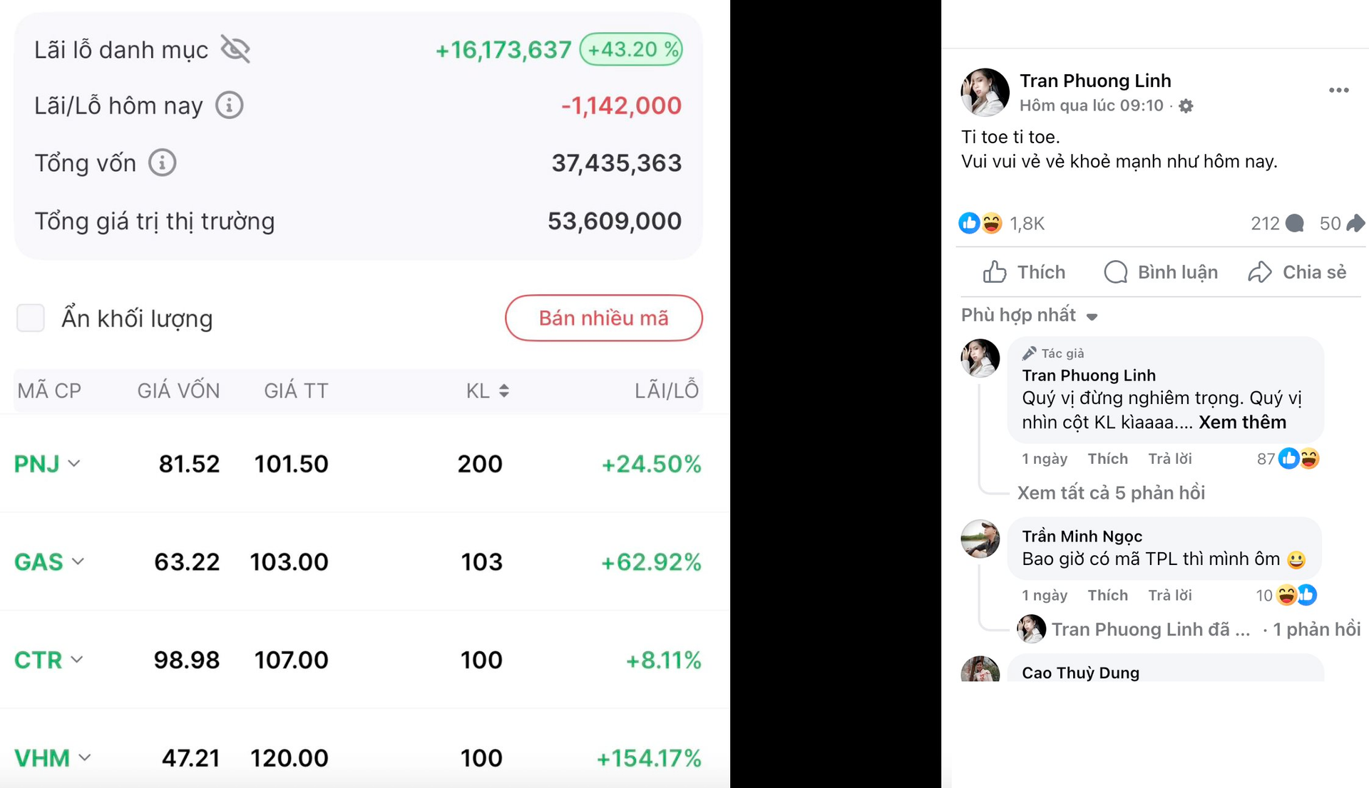 Ca sĩ Phương Linh bất ngờ khoe lãi 43% từ chứng khoán, "ôm" VHM từ giá 47, vào đúng "sóng" cổ phiếu DNNN, viễn thông - Ảnh 1