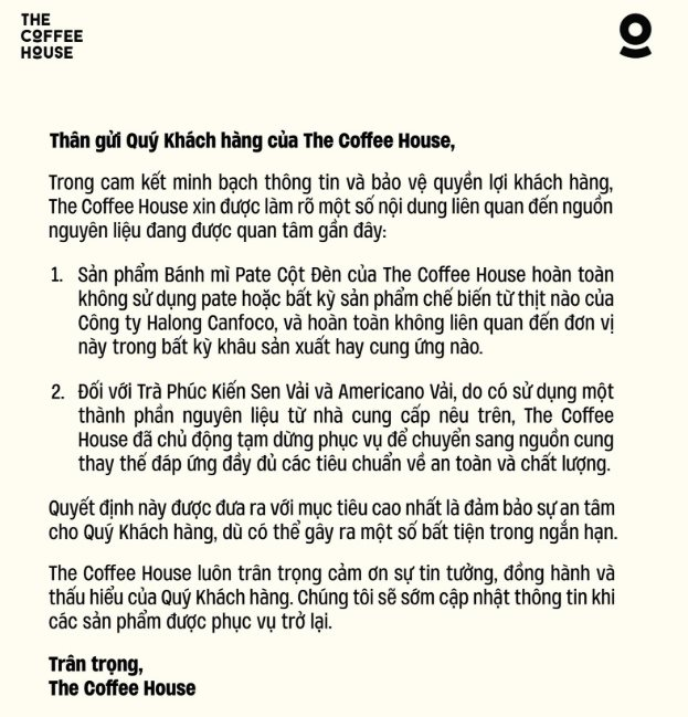 The Coffee House thông báo vụ Đồ hộp Hạ Long: Sử dụng nguyên liệu trong trà vải, không sử dụng thịt từ Canfoco - Ảnh 2