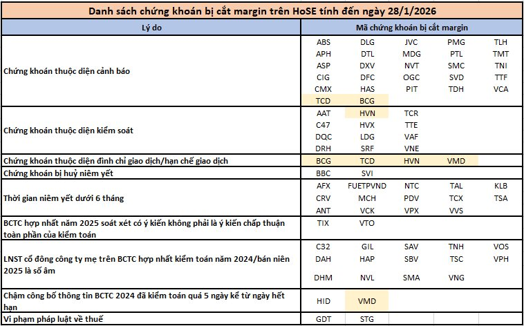 Danh sách 74 mã chứng khoán bị HoSE cắt margin trong quý 1/2026 - Ảnh 1