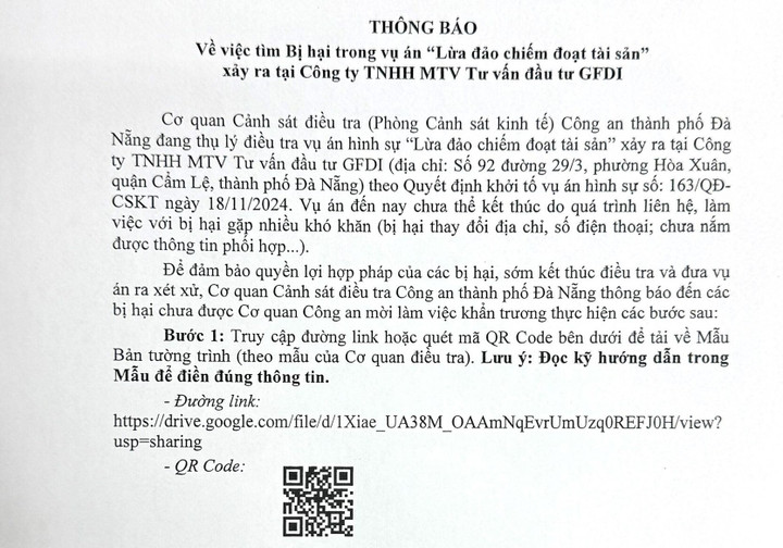 Công an Đà Nẵng tìm bị hại trong vụ lừa đảo hơn 3.700 tỷ xảy ra tại Công ty GFDI - Ảnh 1