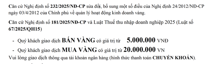 Khách giao dịch vàng từ 5 triệu đồng trở lên phải chuyển khoản - Ảnh 2
