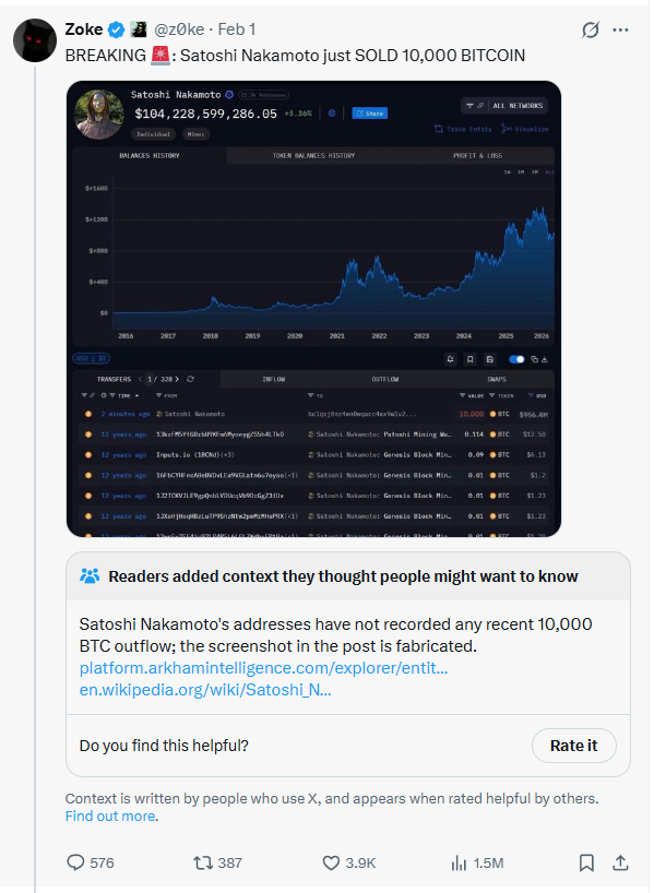 Thị trường hoảng loạn, tin giả lên ngôi: Rộ tin đồn Satoshi Nakamoto bán 10.000 BTC - Ảnh 1