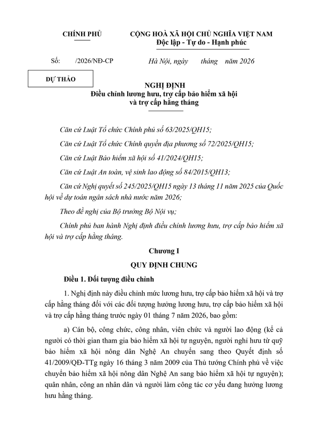 TOÀN VĂN: Dự thảo Nghị định điều chỉnh lương hưu, trợ cấp bảo hiểm xã hội và trợ cấp hằng tháng - Ảnh 1