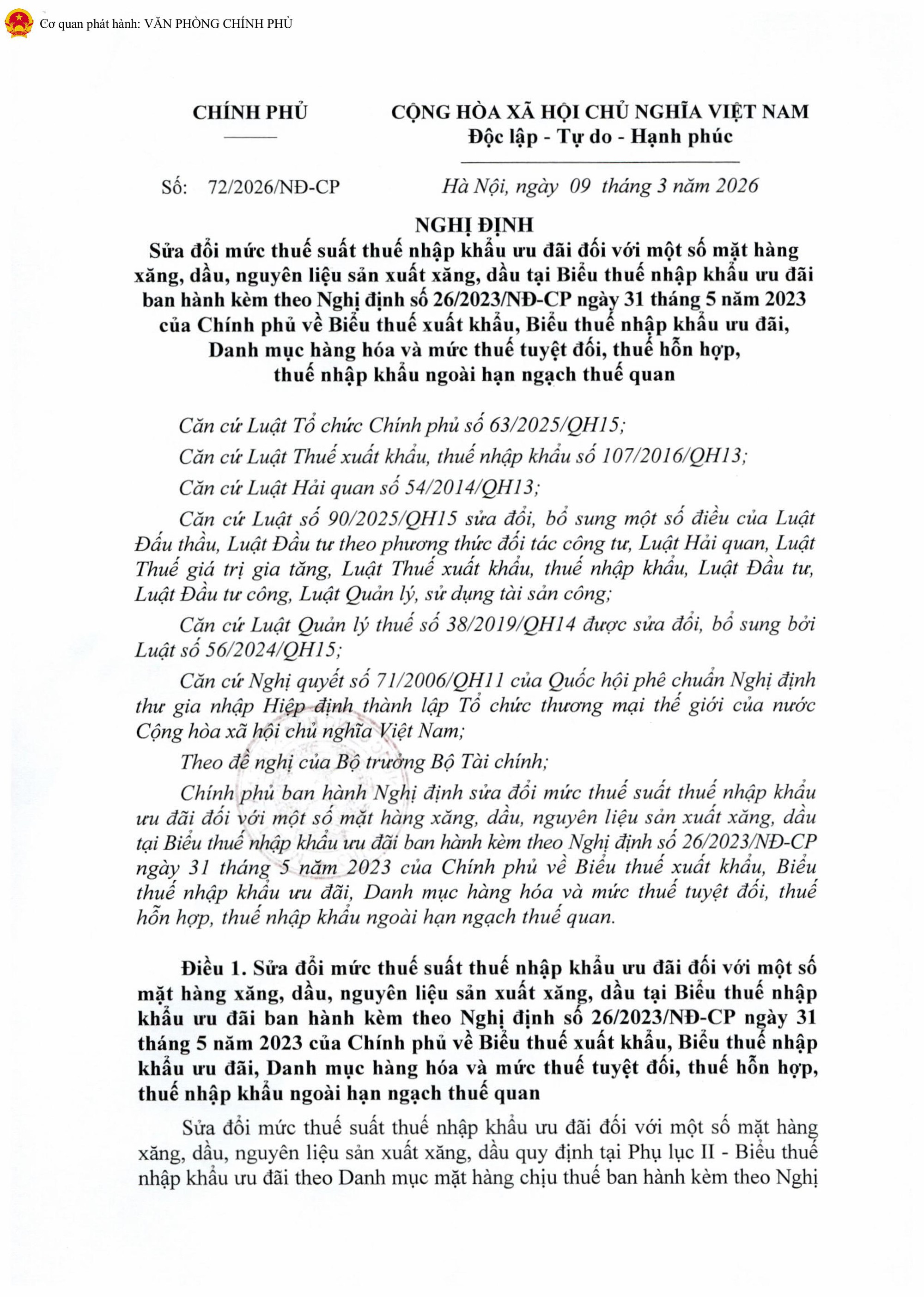 TOÀN VĂN: Nghị định số 72/2026/NĐ-CP giảm thuế một số mặt hàng xăng dầu về 0% - Ảnh 1