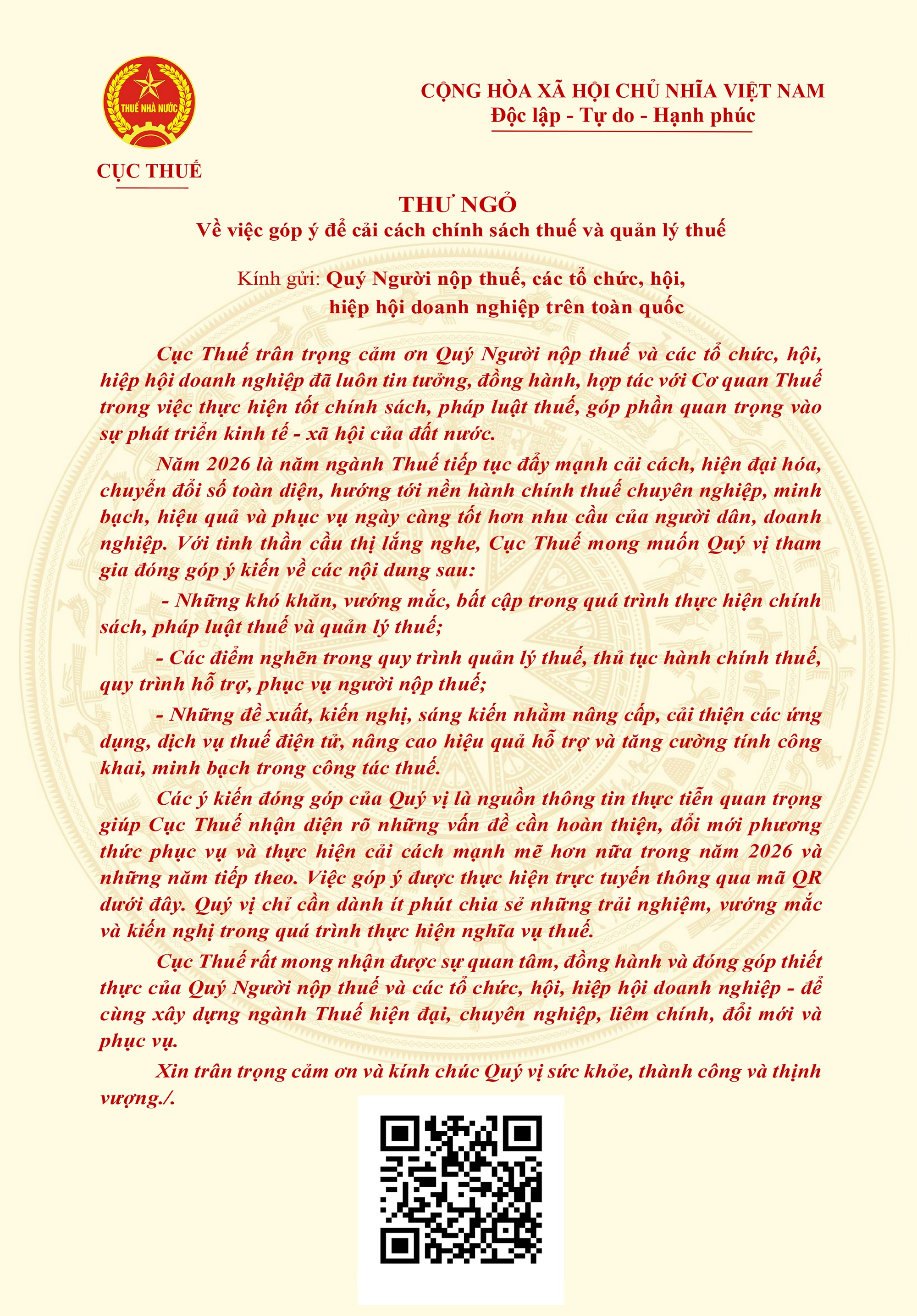 Cục Thuế gửi Thư ngỏ về vấn đề cải cách chính sách thuế và quản lý thuế - Ảnh 1