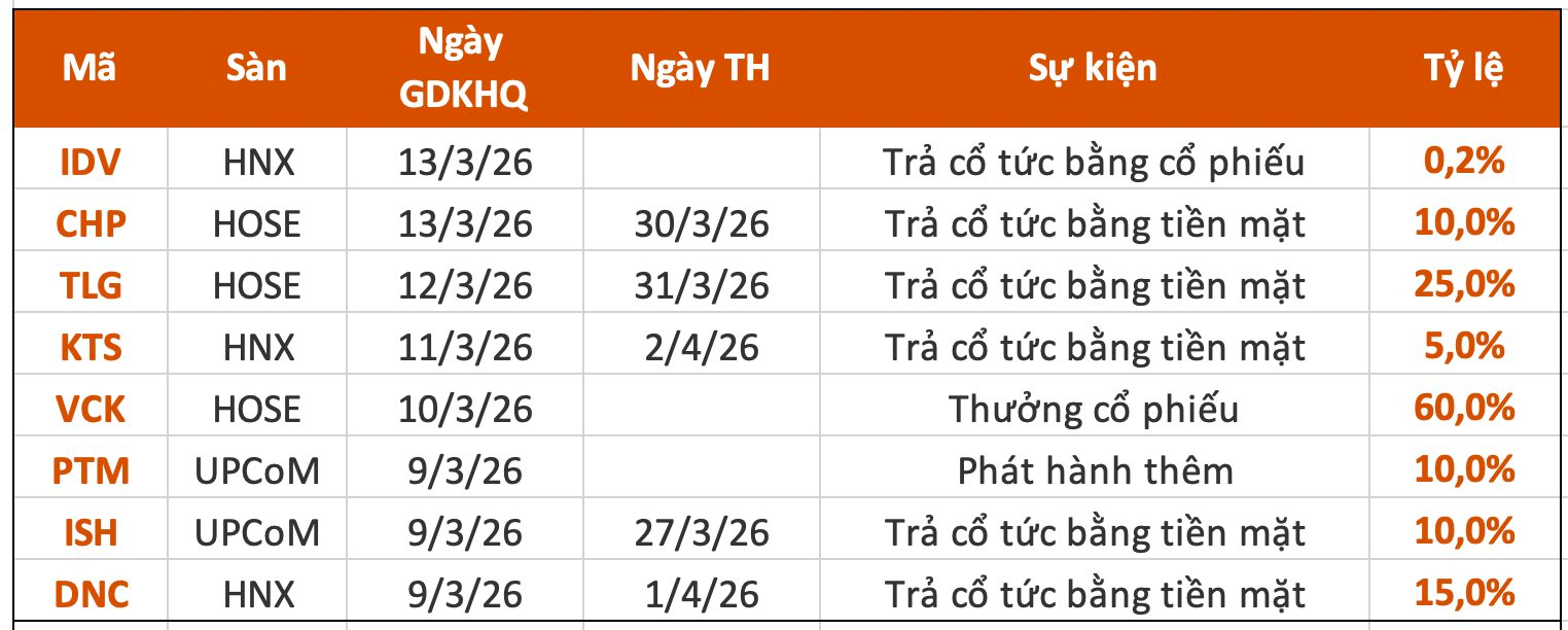 Lịch chốt quyền cổ tức 9/3-13/3: Một công ty chứng khoán "lăn chốt", cổ tức tiền mặt cao nhất 25% - Ảnh 1