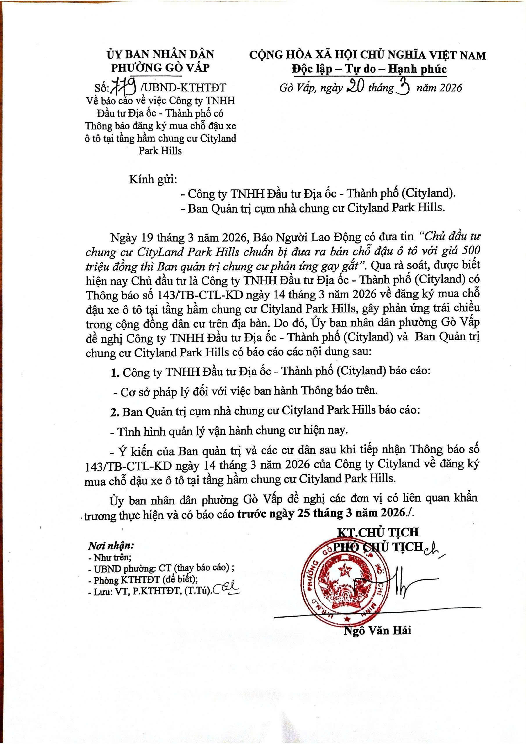 UBND Phường Gò Vấp yêu cầu CityLand báo cáo khẩn vụ bán chỗ đậu xe 500 triệu đồng - Ảnh 2