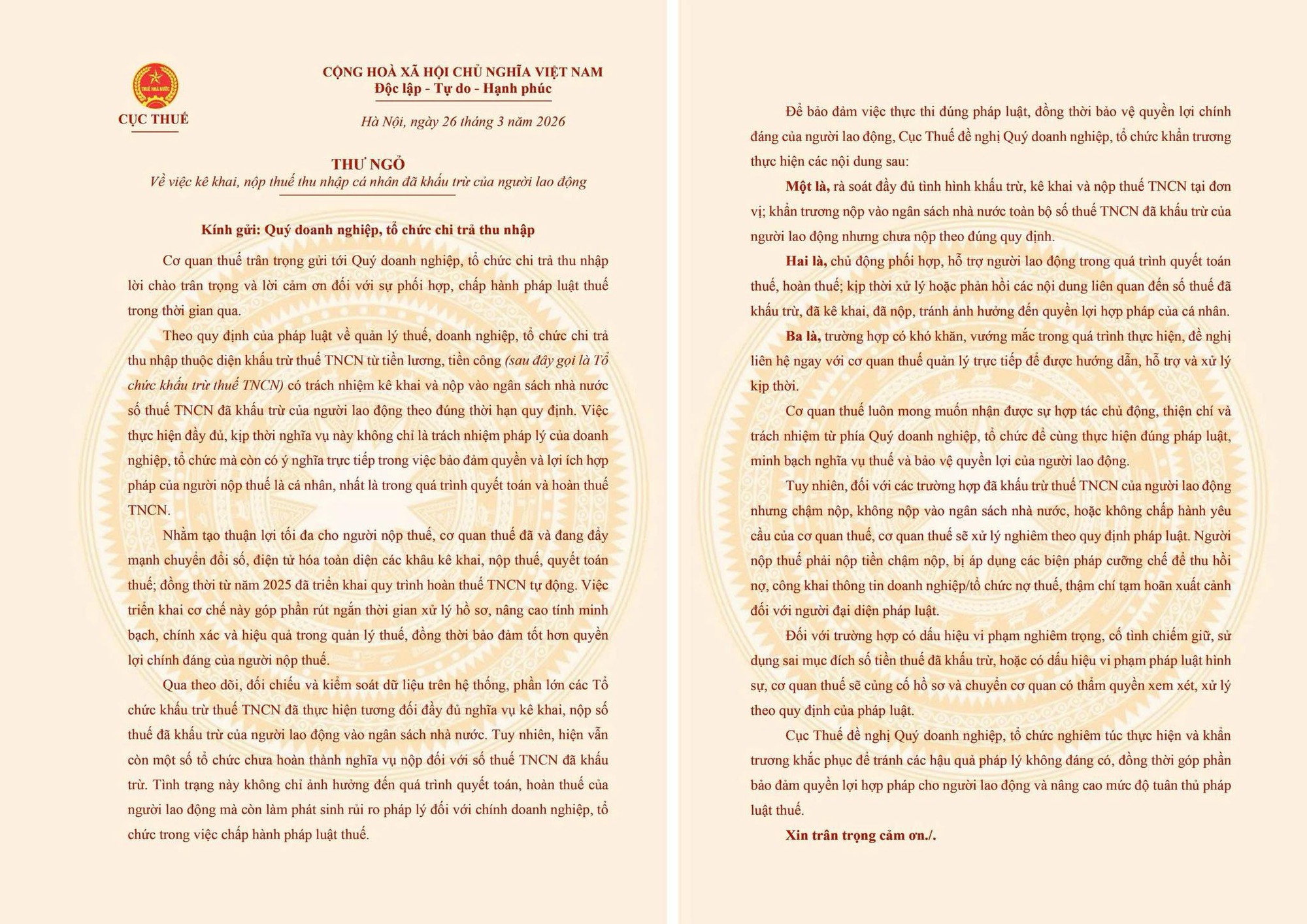 Cục Thuế cảnh báo việc DN chiếm dụng, dùng sai tiền thuế đã khấu trừ của người lao động - Ảnh 1
