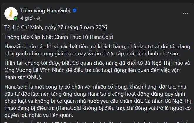 HanaGold thông báo vụ lãnh đạo bị khởi tố: Tạm ngưng nạp rút tiền, tài sản nhà đầu tư ra sao? - Ảnh 1