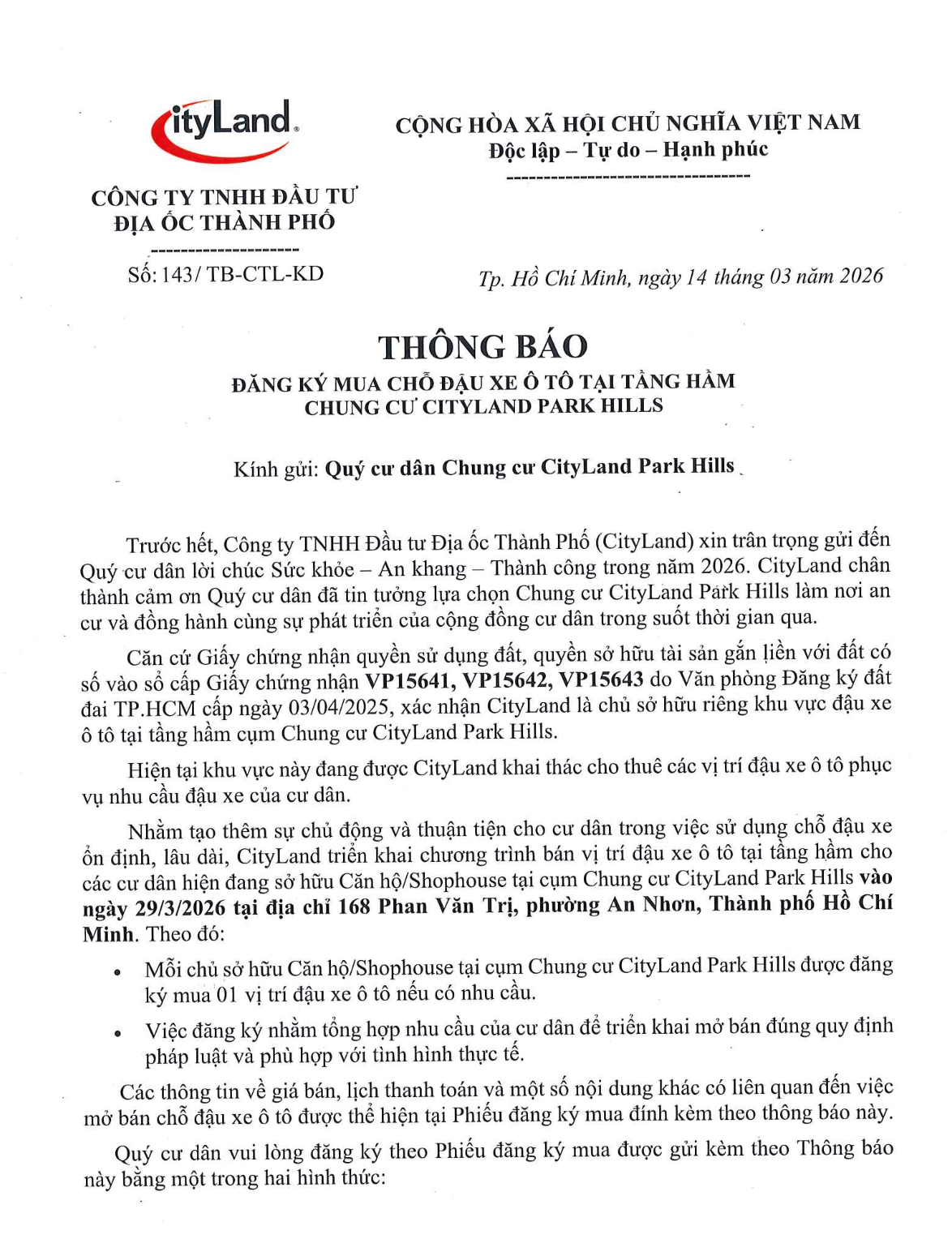 Chuyện khó tin: Một chung cư TPHCM thông báo bán chỗ đậu xe tới 500 triệu đồng, cư dân phản ứng mạnh - Ảnh 1