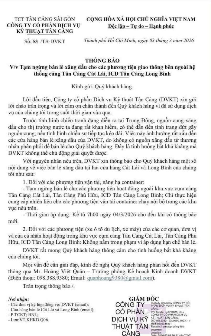 Công ty CP Dịch vụ Kỹ thuật Tân Cảng thu hồi thông báo liên quan bán lẻ xăng dầu - Ảnh 2