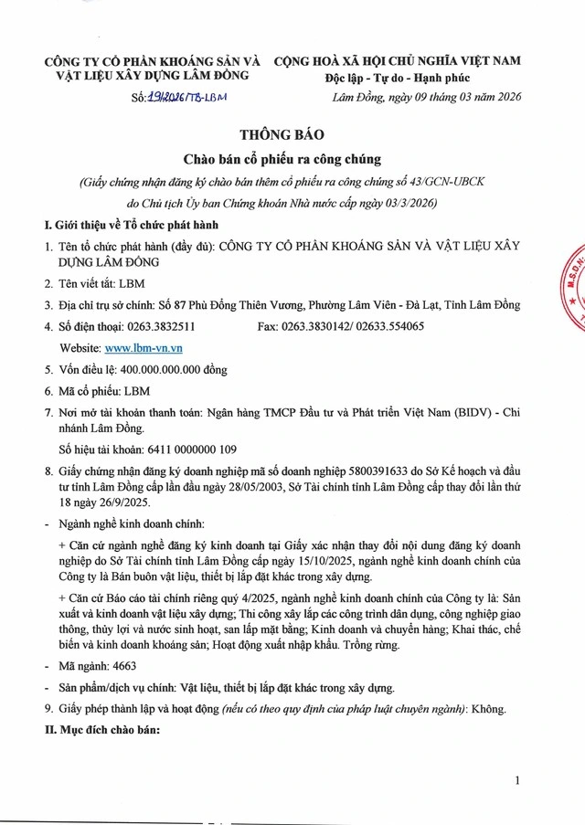 Thông báo chào bán cổ phiếu ra công chúng (kỳ 1) - Ảnh 1