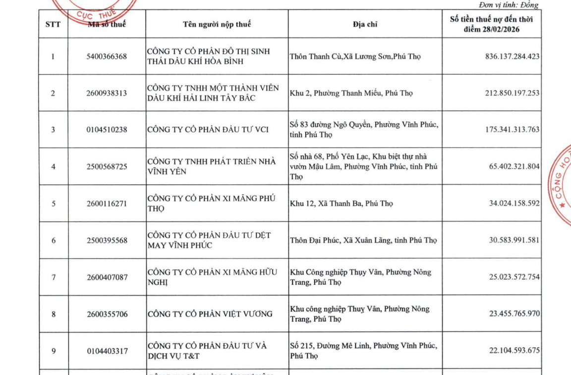 Công ty cổ phần Đô thị sinh thái Dầu khí Hòa Bình nợ thuế ‘khủng’, đứng đầu Phú Thọ - Ảnh 2