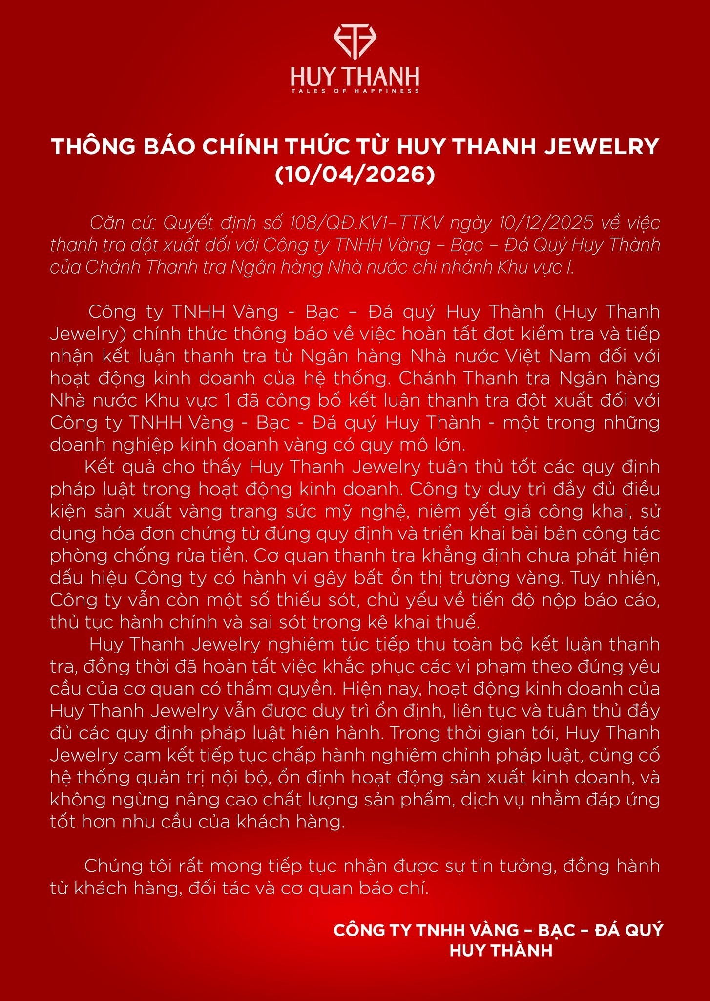 Huy Thanh Jewelry lên tiếng về kết luận thanh tra - Ảnh 1