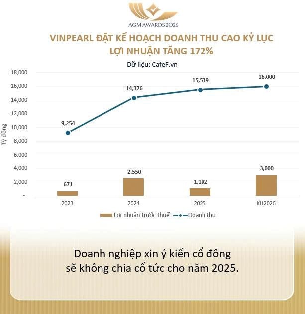ĐHĐCĐ Vinpearl: Kế hoạch doanh thu năm 2026 kỷ lục, lợi nhuận tăng 172%, chào bán tối đa 100 triệu cổ phiếu ưu đãi giá 80.000 đồng/cp - Ảnh 1