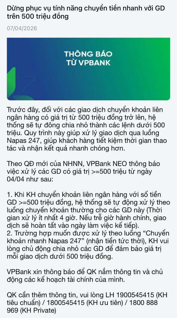 VPBank thông báo dừng tính năng chuyển tiền nhanh với giao dịch trên 500 triệu đồng: Khách hàng chú ý! - Ảnh 1