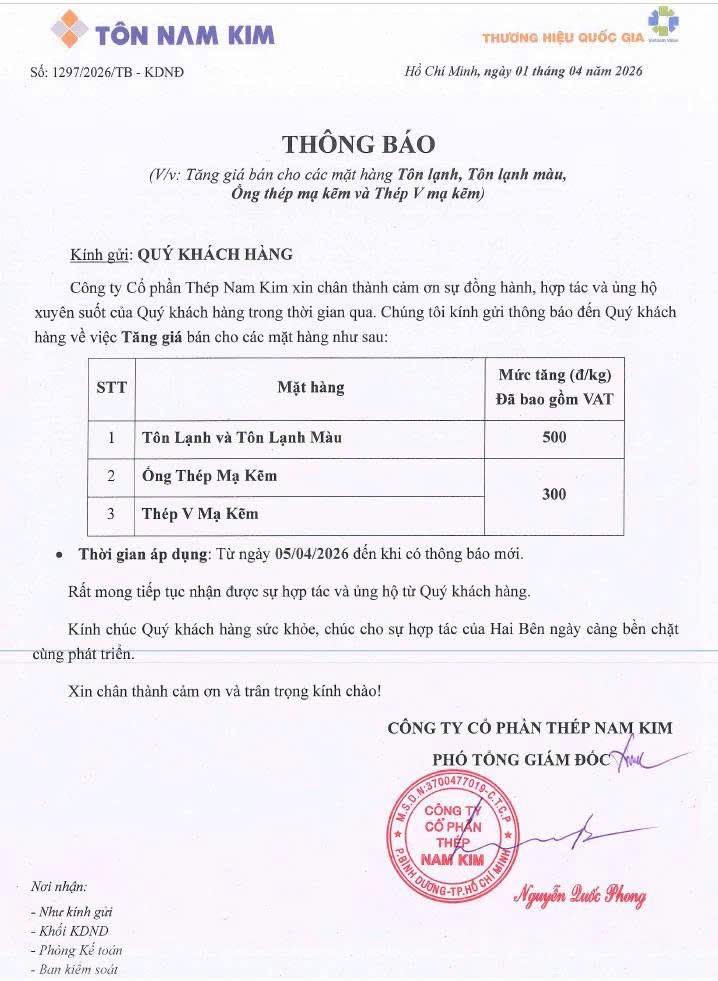 Nam Kim, Vnsteel đồng loạt tăng mạnh giá tôn và ống thép, cao nhất tới 600.000 đồng/tấn - Ảnh 3