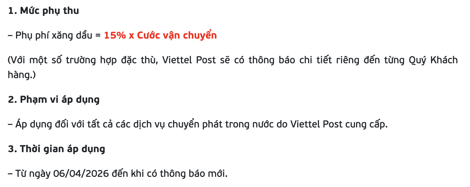 Viettel Post thông báo tăng phụ phí xăng dầu từ 6/4, mức cụ thể ra sao? - Ảnh 1