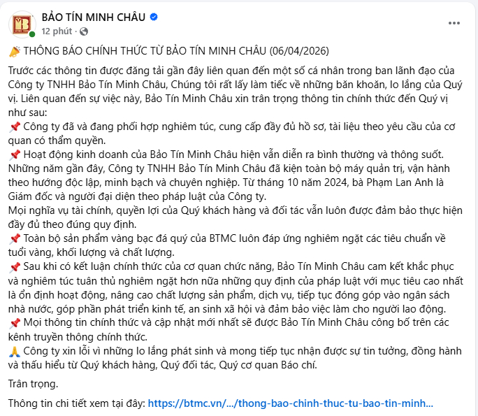 Bảo Tín Minh Châu chính thức lên tiếng sau thông tin khởi tố cha con ông Vũ Minh Châu - Ảnh 1