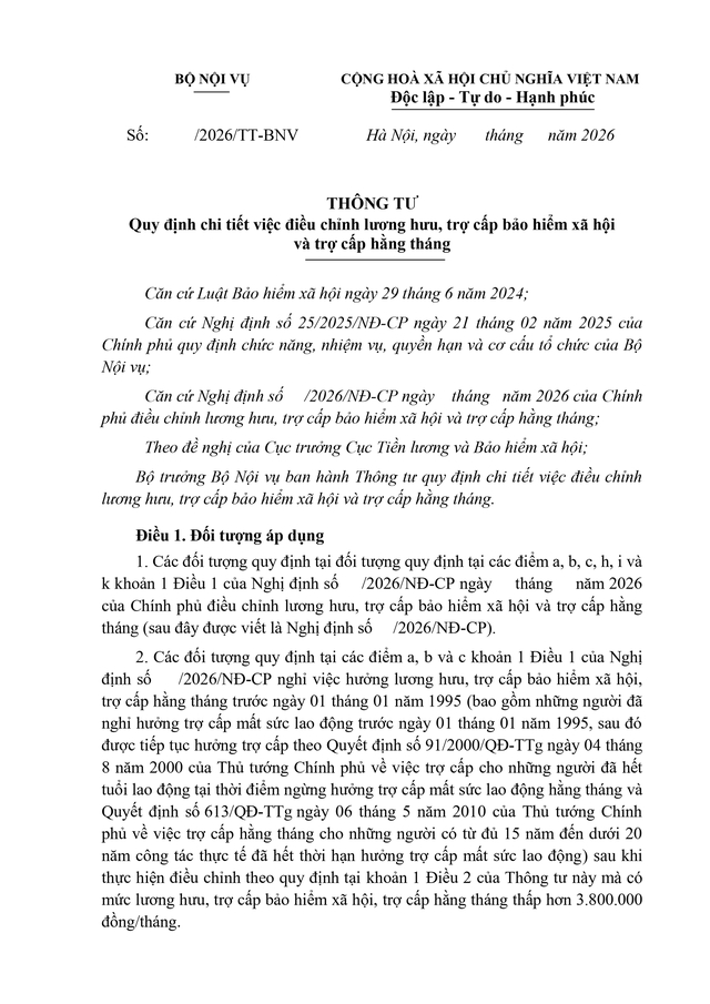 Toàn văn: Dự thảo Thông tư về điều chỉnh lương hưu, trợ cấp bảo hiểm xã hội, trợ cấp hằng tháng - Ảnh 1