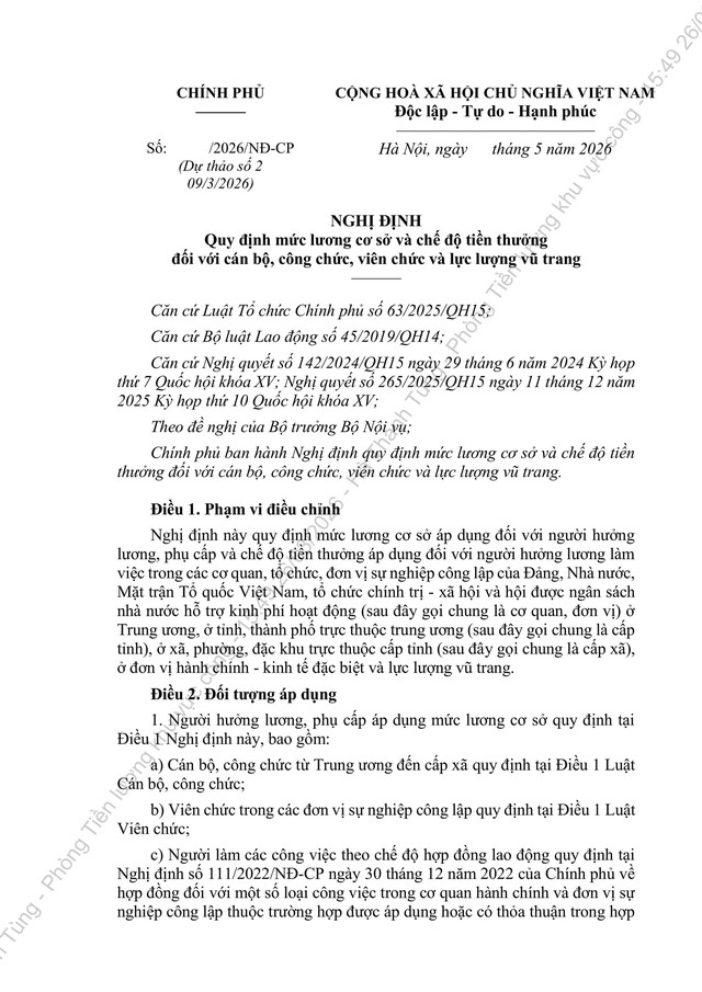 TOÀN VĂN: Dự thảo Nghị định quy định mức lương cơ sở, chế độ tiền thưởng đối với cán bộ, công chức, viên chức và lực lượng vũ trang - Ảnh 1