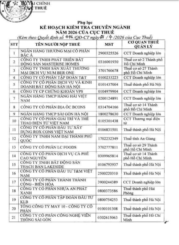 Cục Thuế công bố danh sách 108 doanh nghiệp trong kế hoạch kiểm tra năm 2026: Có những doanh nghiệp lớn nào? - Ảnh 2