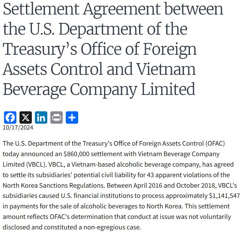 Bán 26 đơn hàng sang Triều Tiên, công ty mẹ của Sabeco phải nộp phạt 860.000 USD cho Mỹ - Ảnh 2