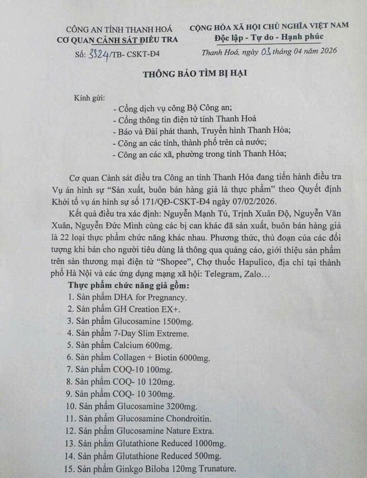 Loạt thực phẩm chức năng giả tuồn vào thị trường: Công an Thanh Hóa tìm bị hại - Ảnh 1