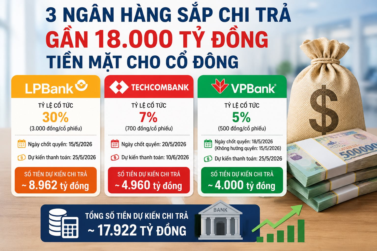Cổ đông ba ngân hàng sắp nhận gần 18.000 tỷ đồng cổ tức tiền mặt: LPBank chi số tiền bằng VPBank và Techcombank cộng lại - Ảnh 1