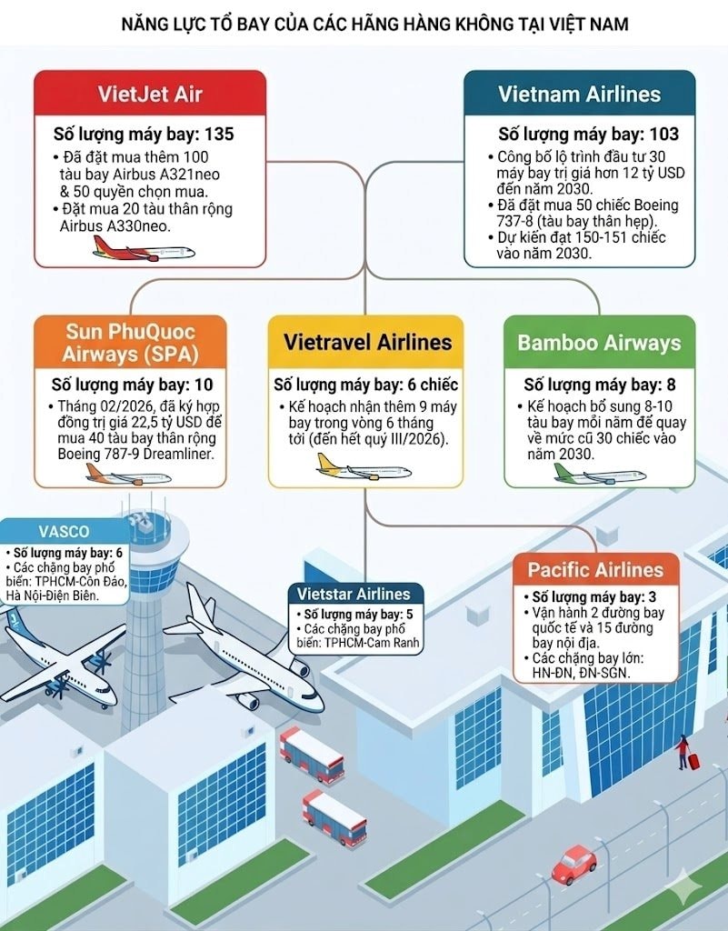 So găng năng lực đội bay của Vietnam Airlines, Vietjet Airs, Sun PhuQuoc Airways, Vietravel Airlines... - Ảnh 2
