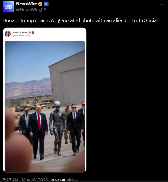 Sau hồ sơ UFO của Bộ Chiến tranh Mỹ, ông Trump bất ngờ đăng ảnh “người ngoài hành tinh”: Thực hư ra sao? - Ảnh 1