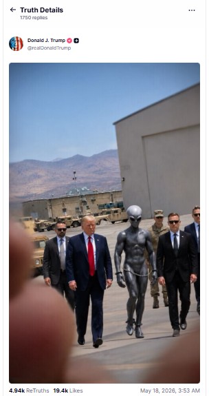 Sau hồ sơ UFO của Bộ Chiến tranh Mỹ, ông Trump bất ngờ đăng ảnh “người ngoài hành tinh”: Thực hư ra sao? - Ảnh 2