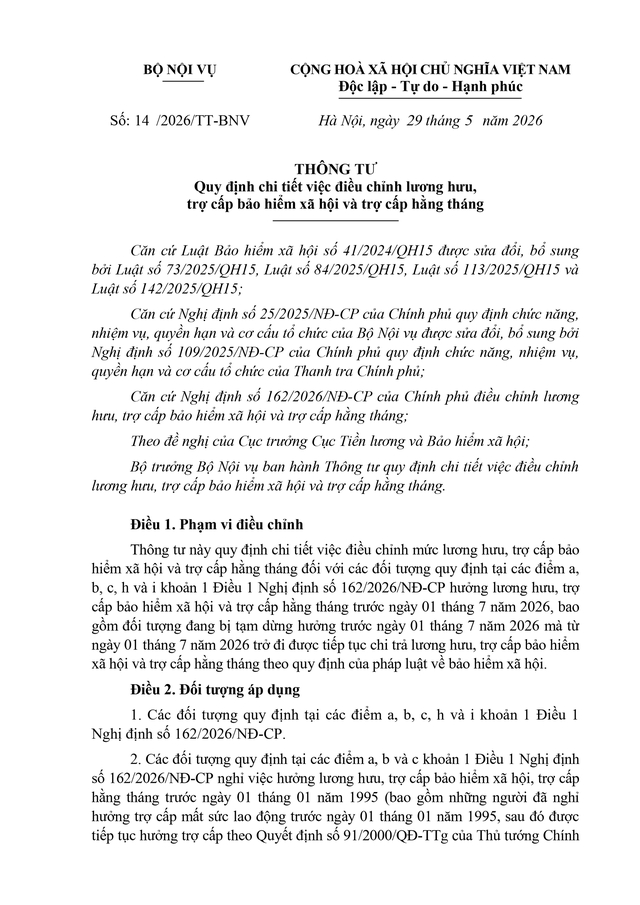 Thông tư số 14/2026/TT-BNV quy định chi tiết việc điều chỉnh lương hưu, trợ cấp bảo hiểm xã hội, trợ cấp hằng tháng - Ảnh 1