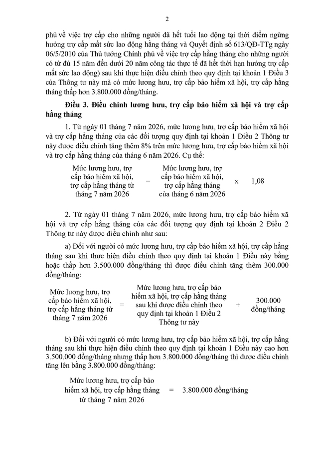 Thông tư số 14/2026/TT-BNV quy định chi tiết việc điều chỉnh lương hưu, trợ cấp bảo hiểm xã hội, trợ cấp hằng tháng - Ảnh 2