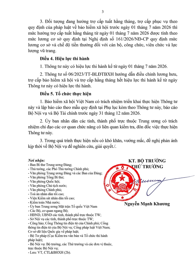 Thông tư số 14/2026/TT-BNV quy định chi tiết việc điều chỉnh lương hưu, trợ cấp bảo hiểm xã hội, trợ cấp hằng tháng - Ảnh 3