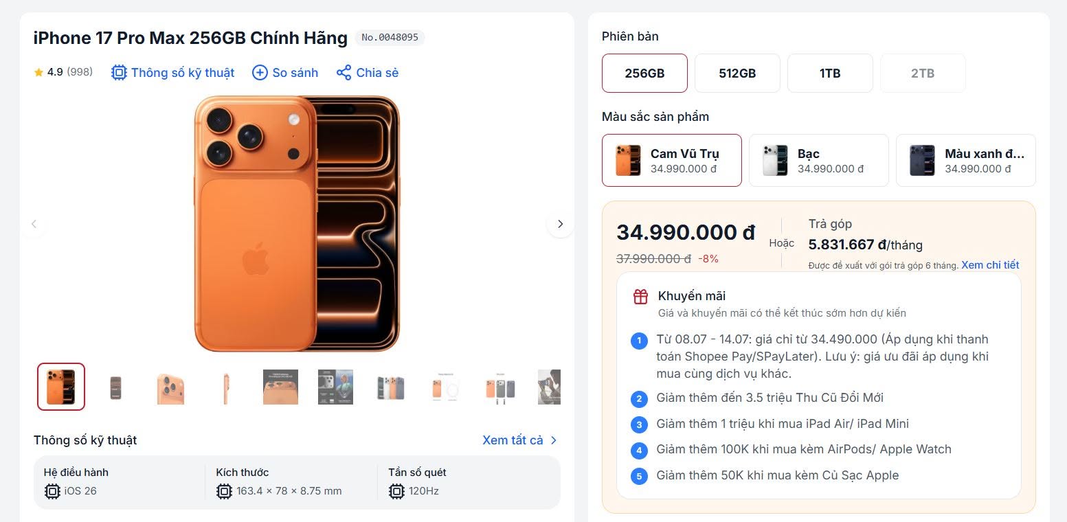 iPhone 17 Pro Max giảm sâu tới 5 triệu đồng, chạm đáy tại Việt Nam