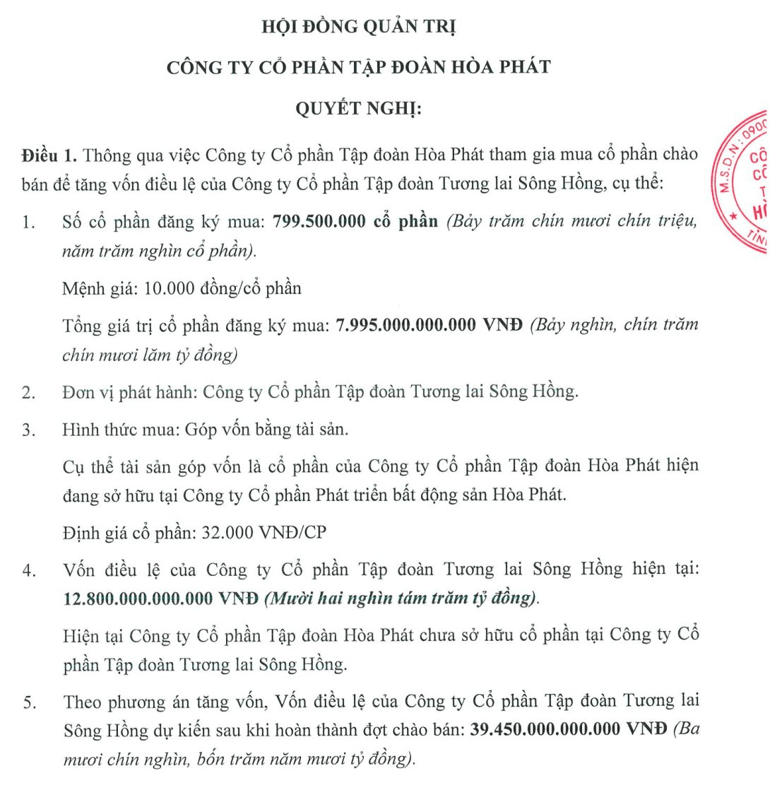 DN liên quan siêu dự án Sông Hồng tăng vốn lên 39.450 tỷ, Hoà Phát góp 8.000 tỷ bằng một tài sản đặc biệt