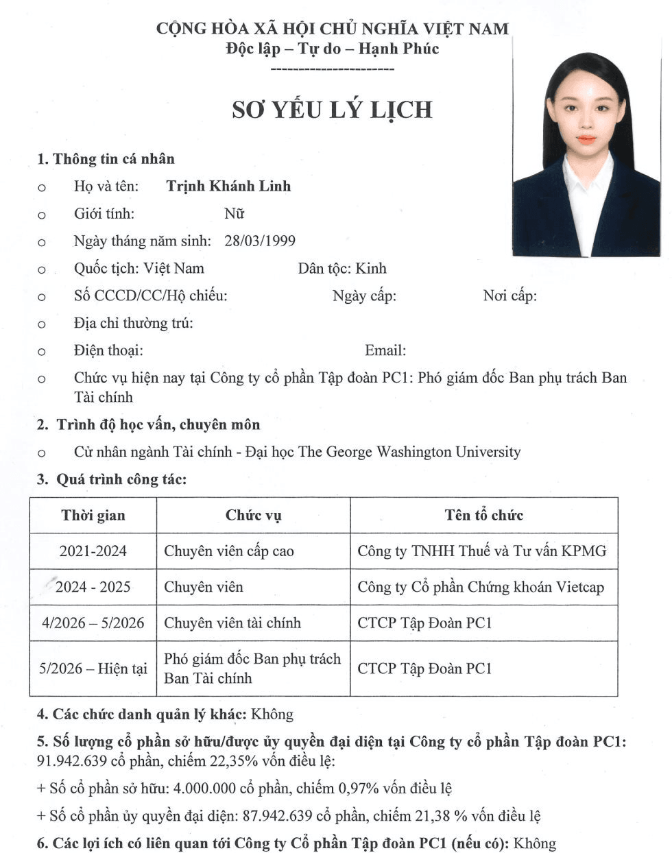 Profile đỉnh của chuyên viên tài chính vừa trở thành Chủ tịch PC1 ở tuổi 27: Tốt nghiệp đại học tại Mỹ, từng làm tại KPMG và Vietcap