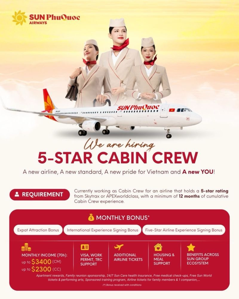 Sun PhuQuoc Airways tuyển tiếp viên: Thu nhập lên tới 90 triệu đồng/tháng, hỗ trợ nhà ở, ăn uống - Ảnh 1