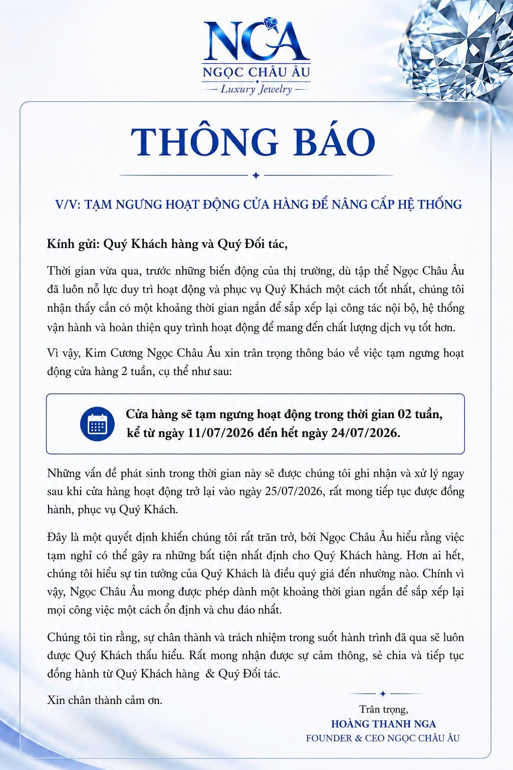 Nóng: 1 cửa hàng kim cương nổi tiếng bất ngờ thông báo tạm ngưng hoạt động - Ảnh 1