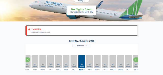 Website Bamboo Airways không còn hiển thị chuyến bay khả dụng trong tháng 8 trên nhiều đường bay