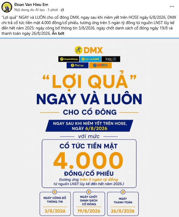 Ngay và luôn: Điện Máy Xanh trả cổ tức 4.000 đồng/cp trong tháng 8